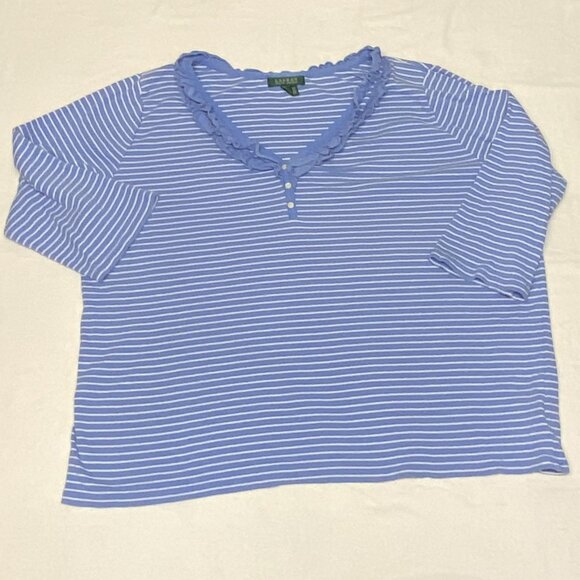 Lauren Ralph Lauren Double Ruffle VNeck 1/4 Button Tee Blue White 3X Long Sleeve - Picture 8 of 12